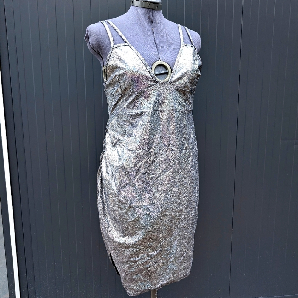 Pretty Little Thing Size 10 Holographic Silver Spandex bodycon fitted party date